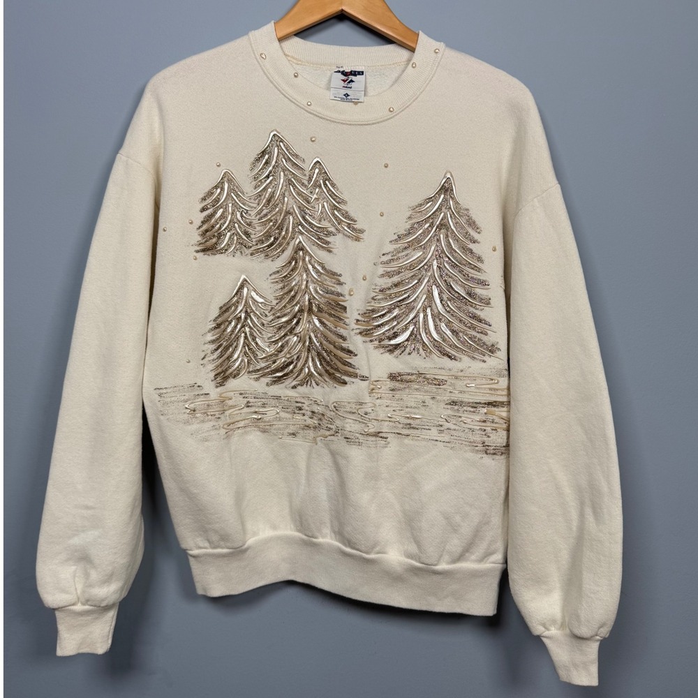 VTG HandPaint Cream‎ Sweatshirt Women L Christmas Tree Pearl Glue Glitter Winter